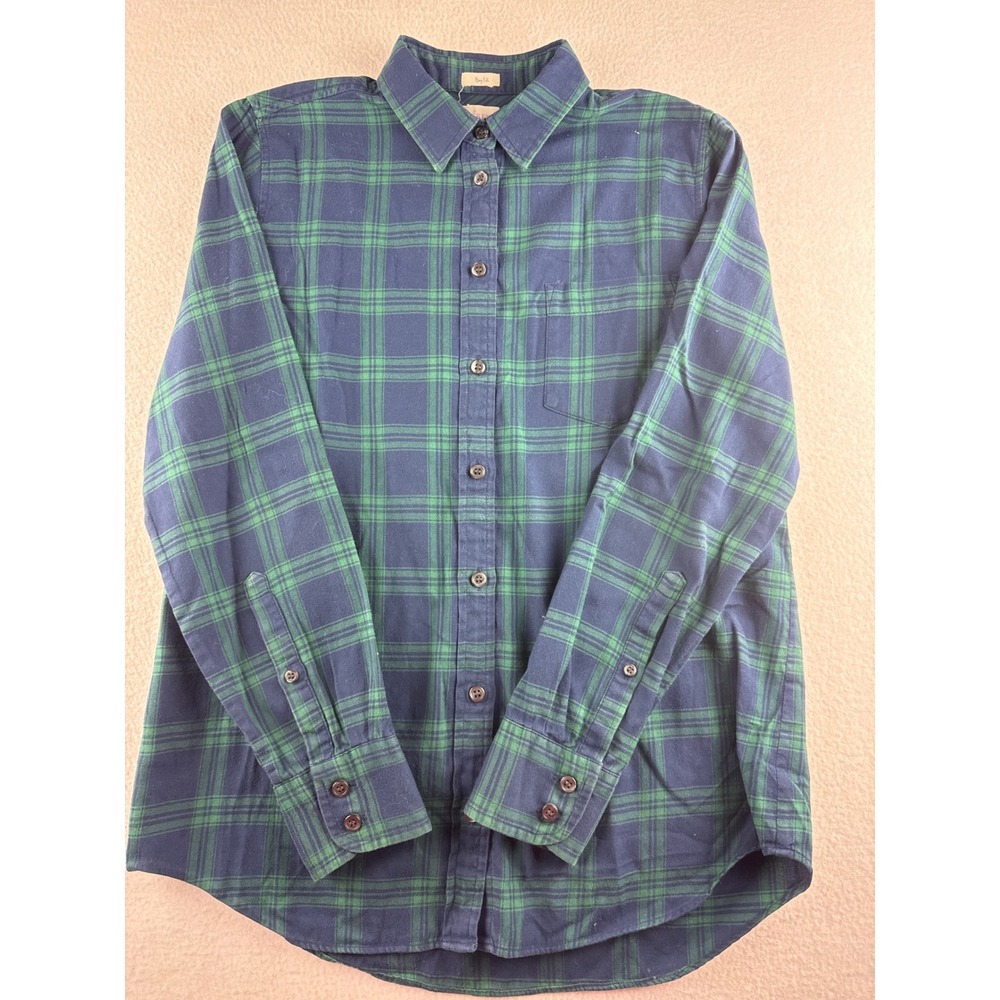 J.Crew Boy Fit Flannel Shirt Womens Small Green Navy Blue Plaid Cotton F7289